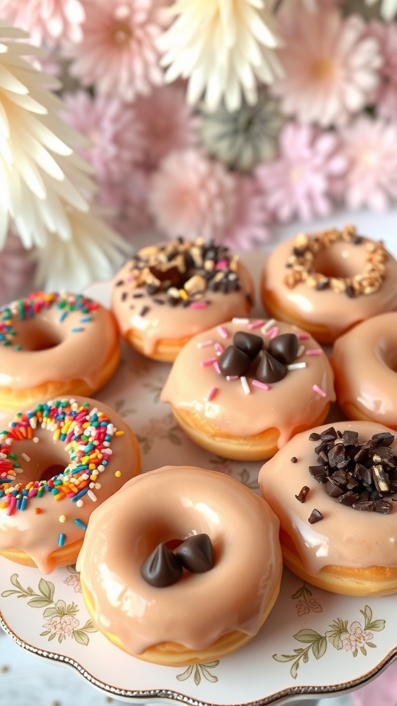 A platter of assorted donuts with colorful icing and toppings, perfect for an engagement celebration.